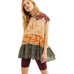 Free People Red and Cream Tunic with Peter Pan Collar. Oversized